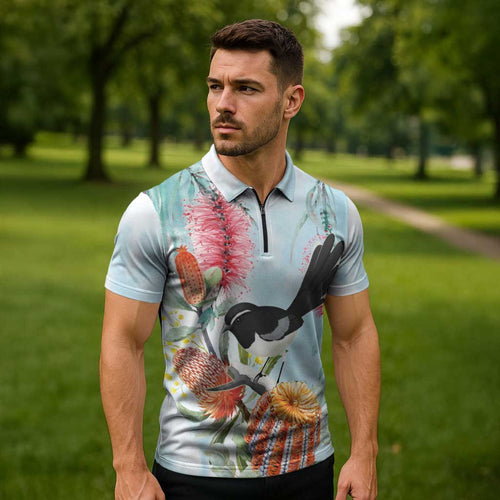 Willie wagtail Australia Zipper Polo Shirt Banksia Bottlebrushes Watercolor Stylized - Aussie Hoodie