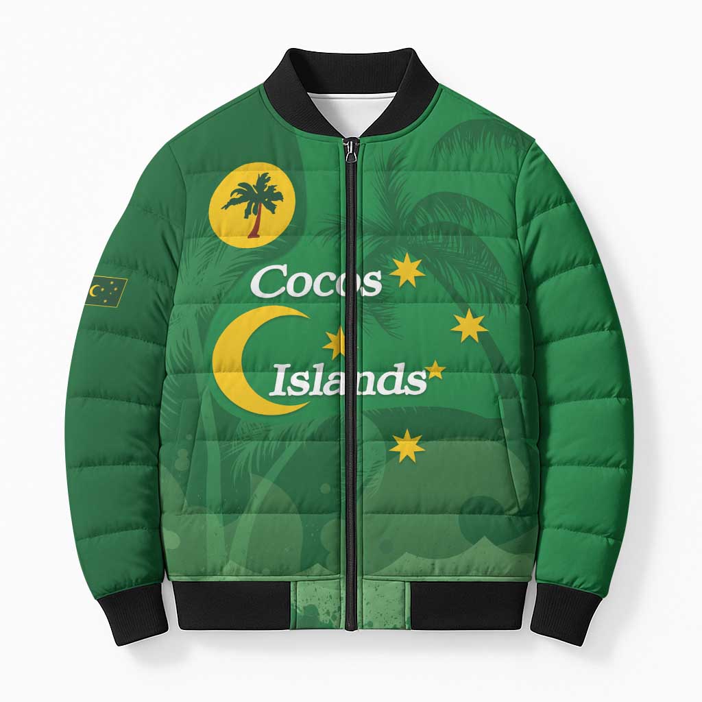 Australia Cocos Keeling Islands Bomber Puffer Jacket Southern Cross Palm Tree Pattern - Aussie Hoodie