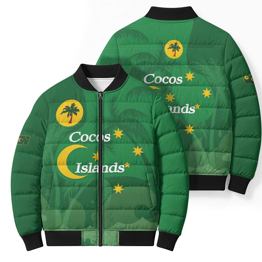 Australia Cocos Keeling Islands Bomber Puffer Jacket Southern Cross Palm Tree Pattern - Aussie Hoodie