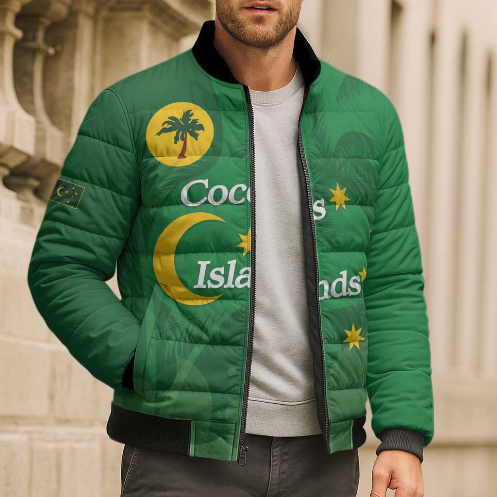 Australia Cocos Keeling Islands Bomber Puffer Jacket Southern Cross Palm Tree Pattern - Aussie Hoodie
