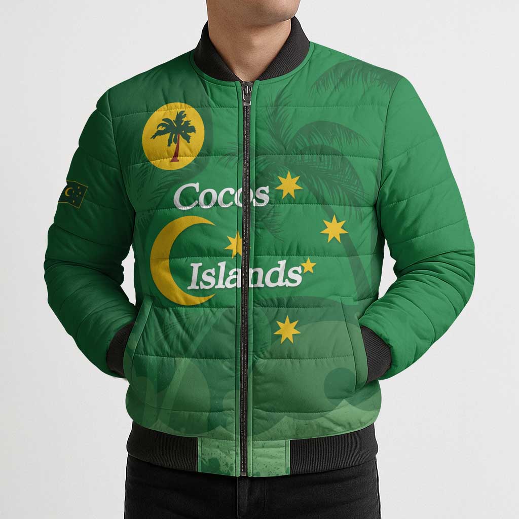 Australia Cocos Keeling Islands Bomber Puffer Jacket Southern Cross Palm Tree Pattern - Aussie Hoodie