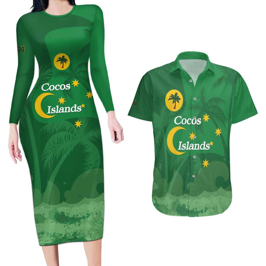 Australia Cocos Keeling Islands Couples Matching Long Sleeve Bodycon Dress and Hawaiian Shirt Southern Cross Palm Tree Pattern - Aussie Hoodie