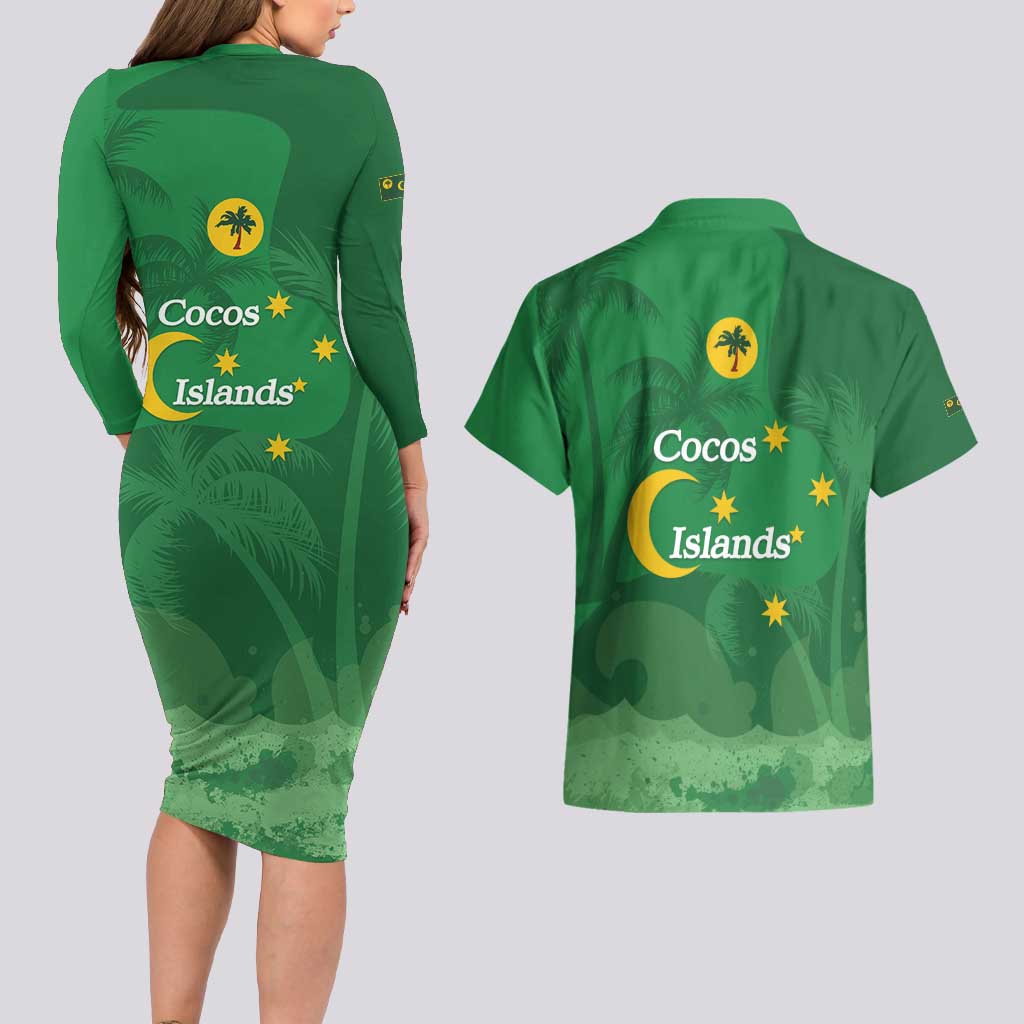 Australia Cocos Keeling Islands Couples Matching Long Sleeve Bodycon Dress and Hawaiian Shirt Southern Cross Palm Tree Pattern - Aussie Hoodie