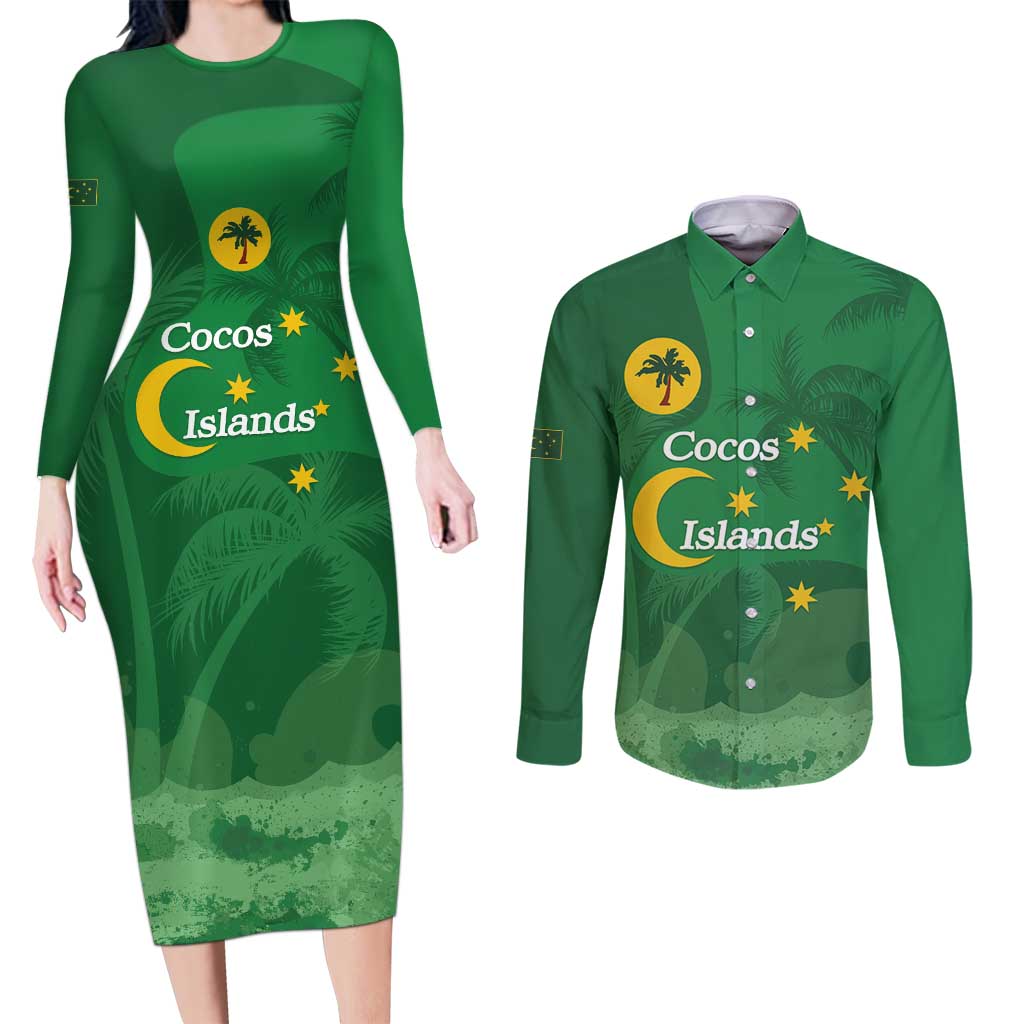 Australia Cocos Keeling Islands Couples Matching Long Sleeve Bodycon Dress and Long Sleeve Button Shirt Southern Cross Palm Tree Pattern - Aussie Hoodie