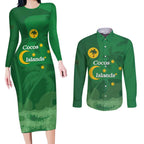 Australia Cocos Keeling Islands Couples Matching Long Sleeve Bodycon Dress and Long Sleeve Button Shirt Southern Cross Palm Tree Pattern - Aussie Hoodie