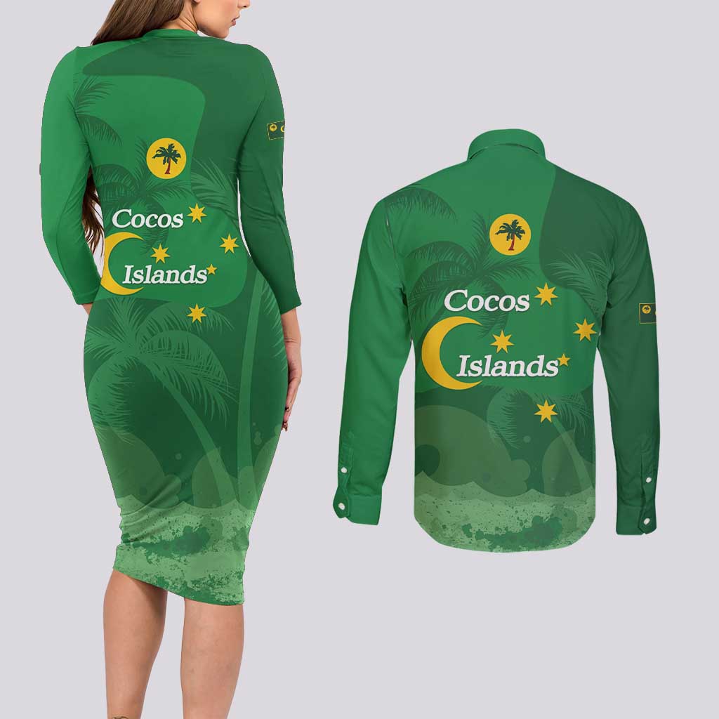 Australia Cocos Keeling Islands Couples Matching Long Sleeve Bodycon Dress and Long Sleeve Button Shirt Southern Cross Palm Tree Pattern - Aussie Hoodie