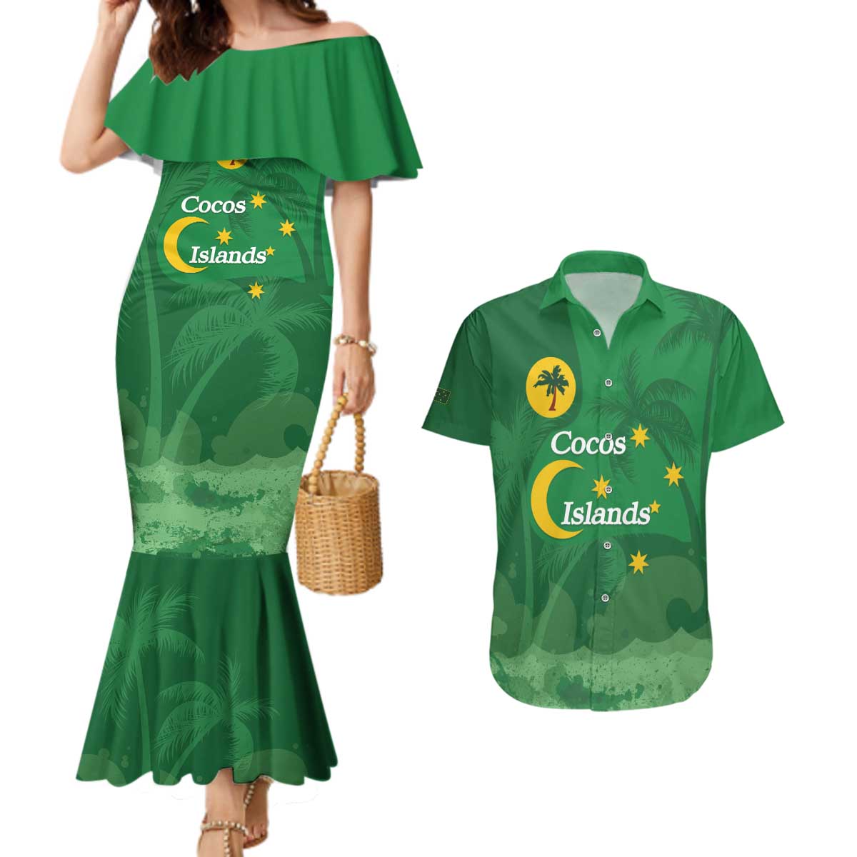 Australia Cocos Keeling Islands Couples Matching Mermaid Dress and Hawaiian Shirt Southern Cross Palm Tree Pattern - Aussie Hoodie