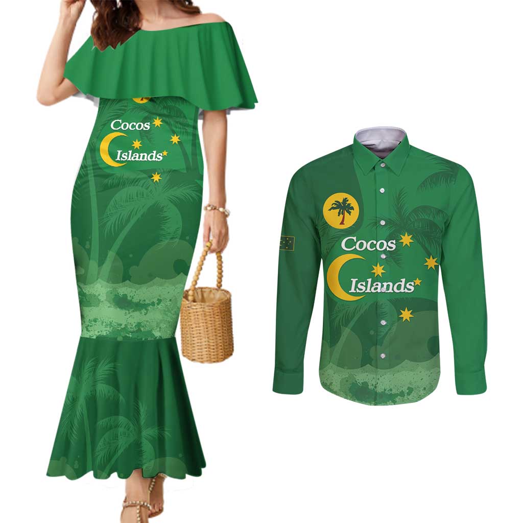 Australia Cocos Keeling Islands Couples Matching Mermaid Dress and Long Sleeve Button Shirt Southern Cross Palm Tree Pattern - Aussie Hoodie