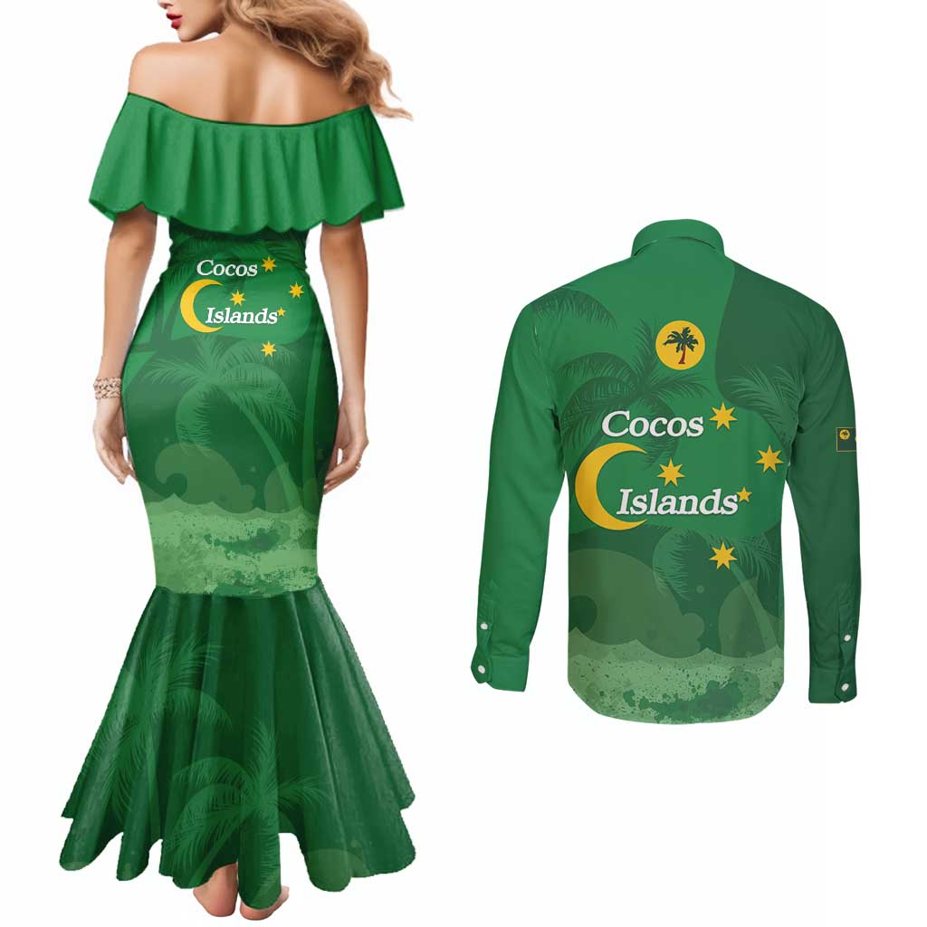 Australia Cocos Keeling Islands Couples Matching Mermaid Dress and Long Sleeve Button Shirt Southern Cross Palm Tree Pattern - Aussie Hoodie