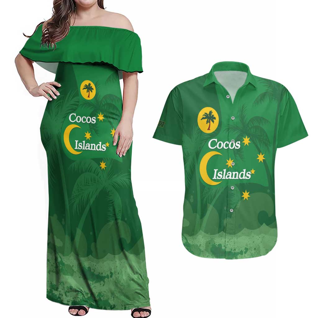 Australia Cocos Keeling Islands Couples Matching Off Shoulder Maxi Dress and Hawaiian Shirt Southern Cross Palm Tree Pattern - Aussie Hoodie