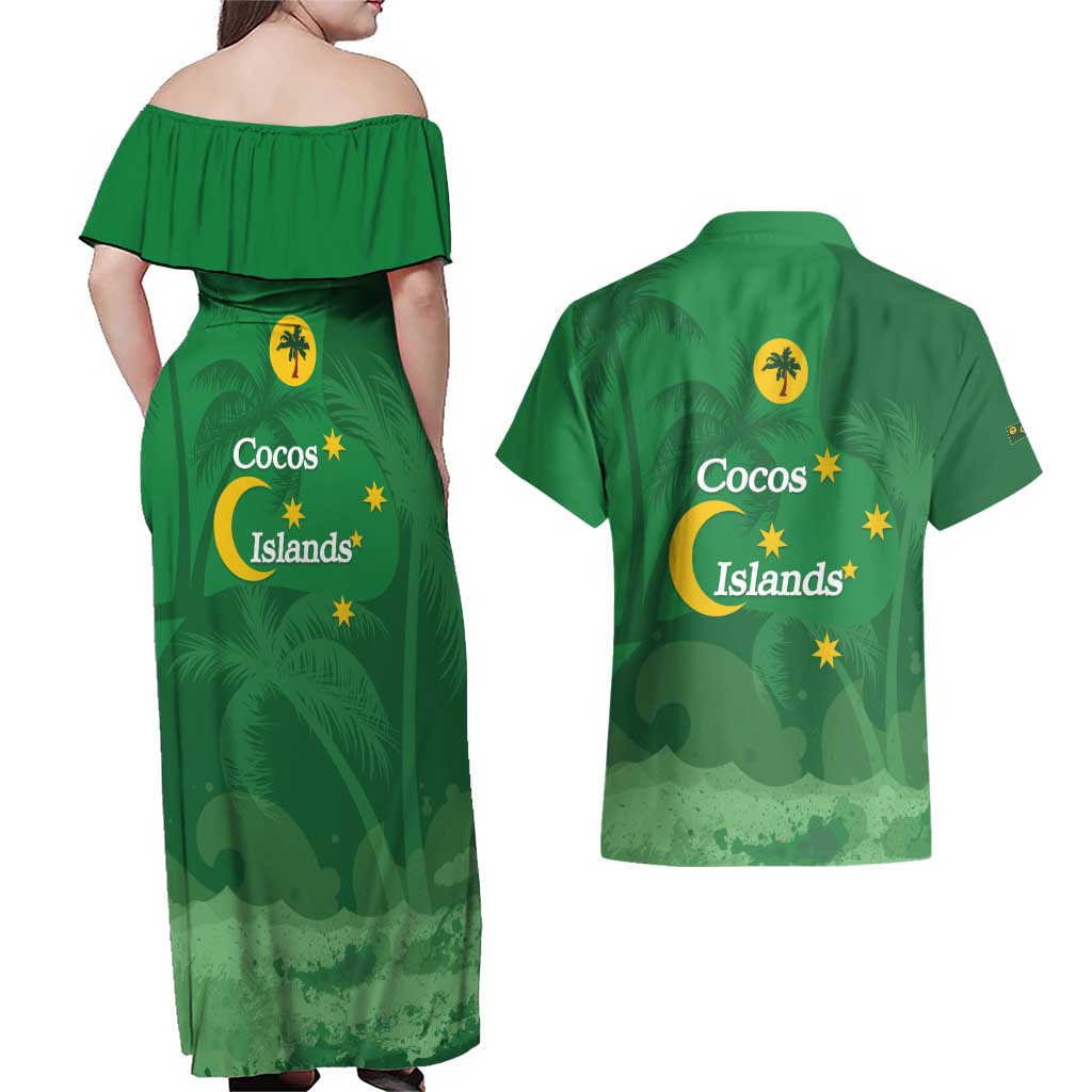 Australia Cocos Keeling Islands Couples Matching Off Shoulder Maxi Dress and Hawaiian Shirt Southern Cross Palm Tree Pattern - Aussie Hoodie
