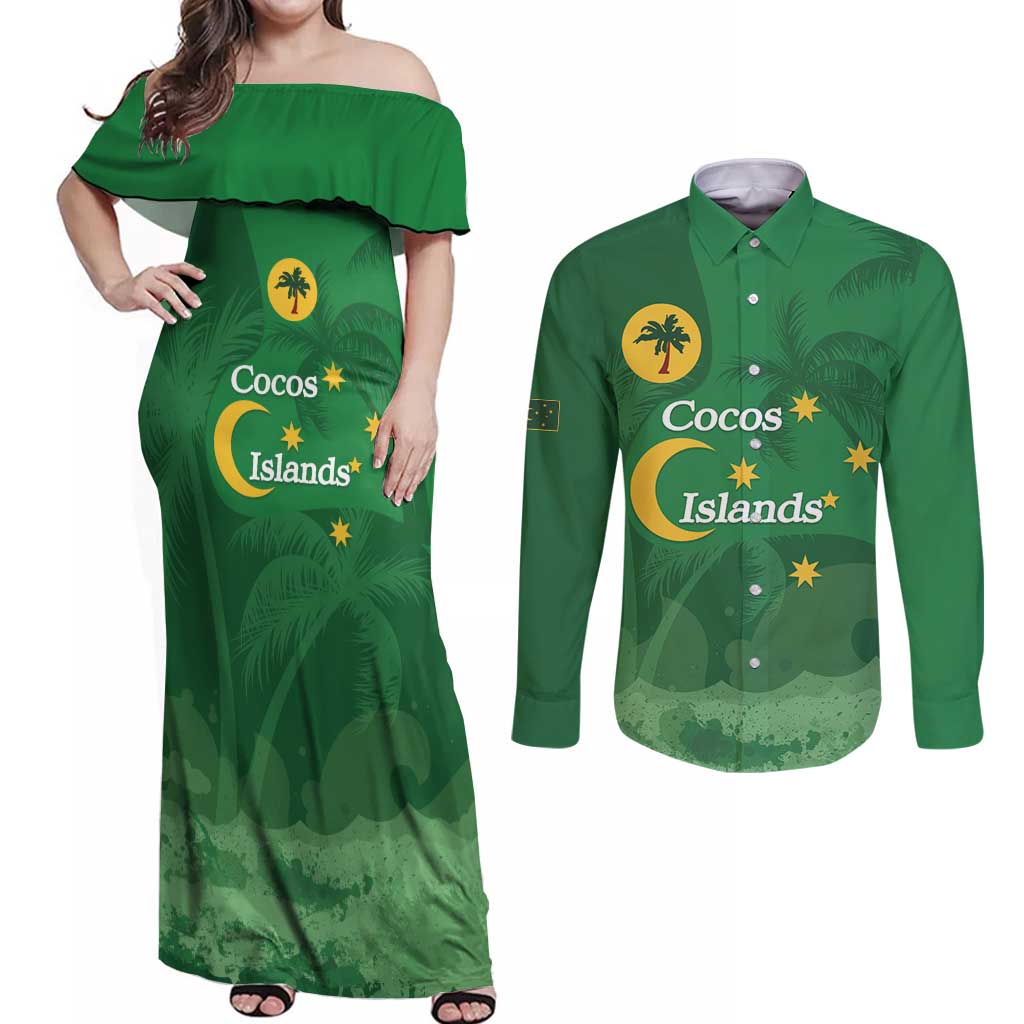 Australia Cocos Keeling Islands Couples Matching Off Shoulder Maxi Dress and Long Sleeve Button Shirt Southern Cross Palm Tree Pattern - Aussie Hoodie