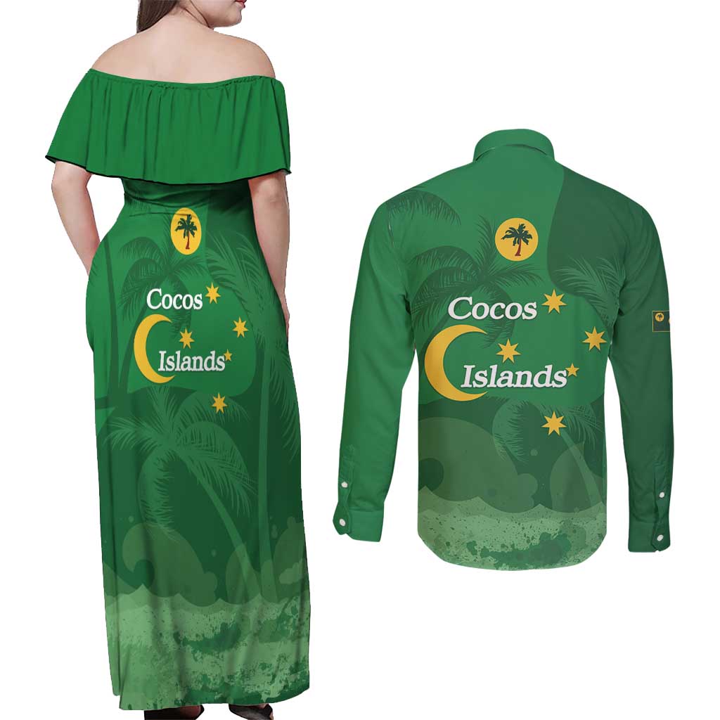 Australia Cocos Keeling Islands Couples Matching Off Shoulder Maxi Dress and Long Sleeve Button Shirt Southern Cross Palm Tree Pattern - Aussie Hoodie