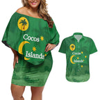 Australia Cocos Keeling Islands Couples Matching Off Shoulder Short Dress and Hawaiian Shirt Southern Cross Palm Tree Pattern - Aussie Hoodie