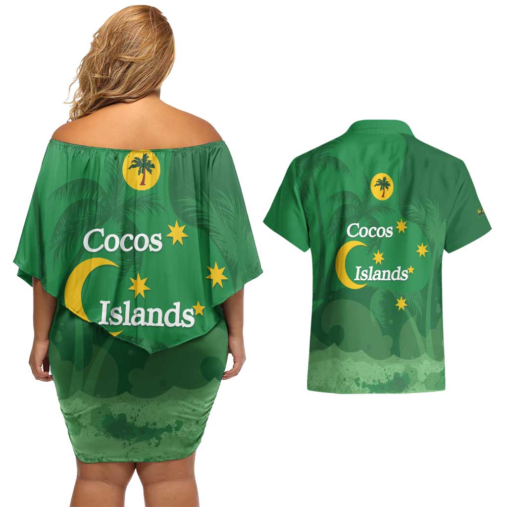 Australia Cocos Keeling Islands Couples Matching Off Shoulder Short Dress and Hawaiian Shirt Southern Cross Palm Tree Pattern - Aussie Hoodie
