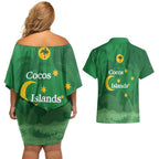Australia Cocos Keeling Islands Couples Matching Off Shoulder Short Dress and Hawaiian Shirt Southern Cross Palm Tree Pattern - Aussie Hoodie