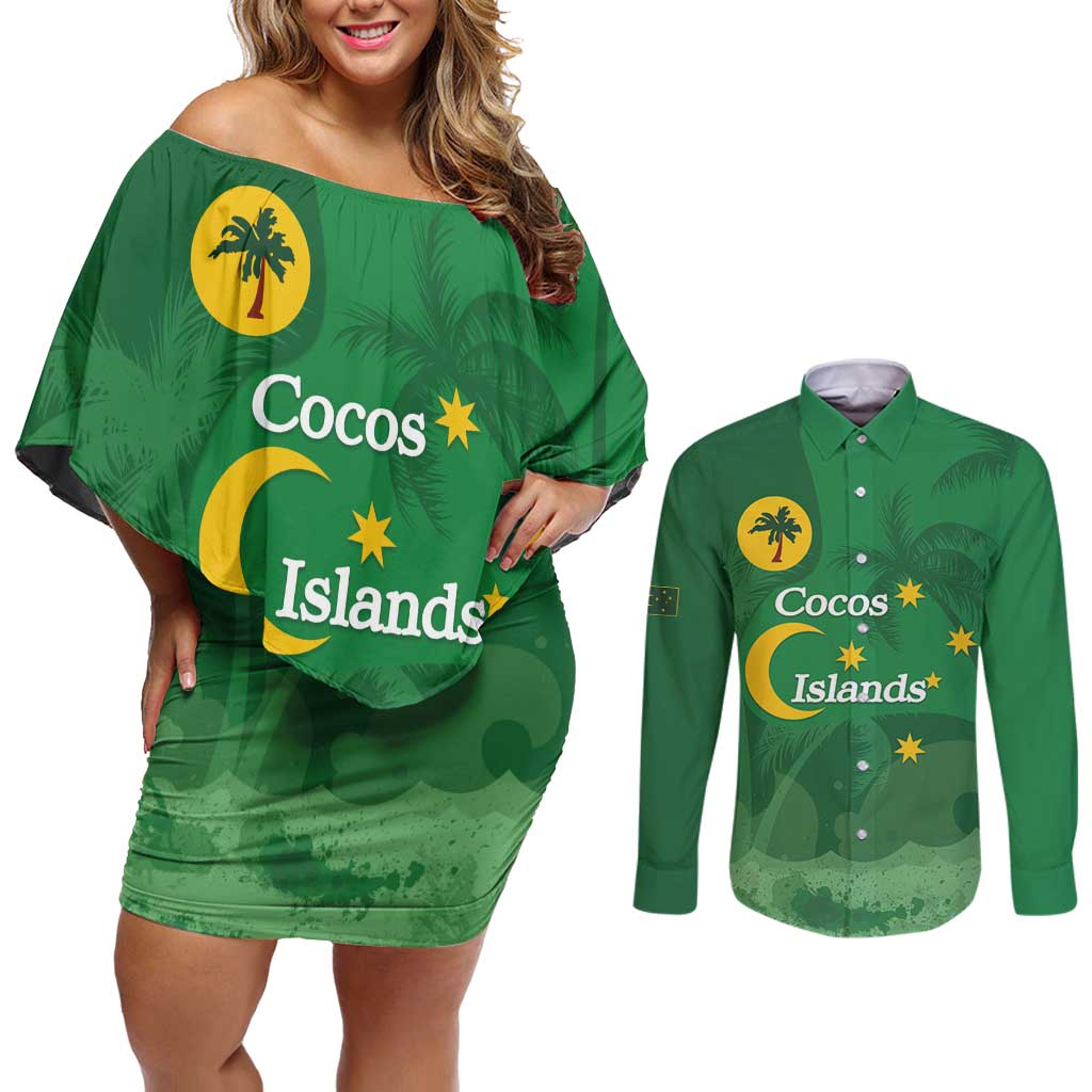 Australia Cocos Keeling Islands Couples Matching Off Shoulder Short Dress and Long Sleeve Button Shirt Southern Cross Palm Tree Pattern - Aussie Hoodie