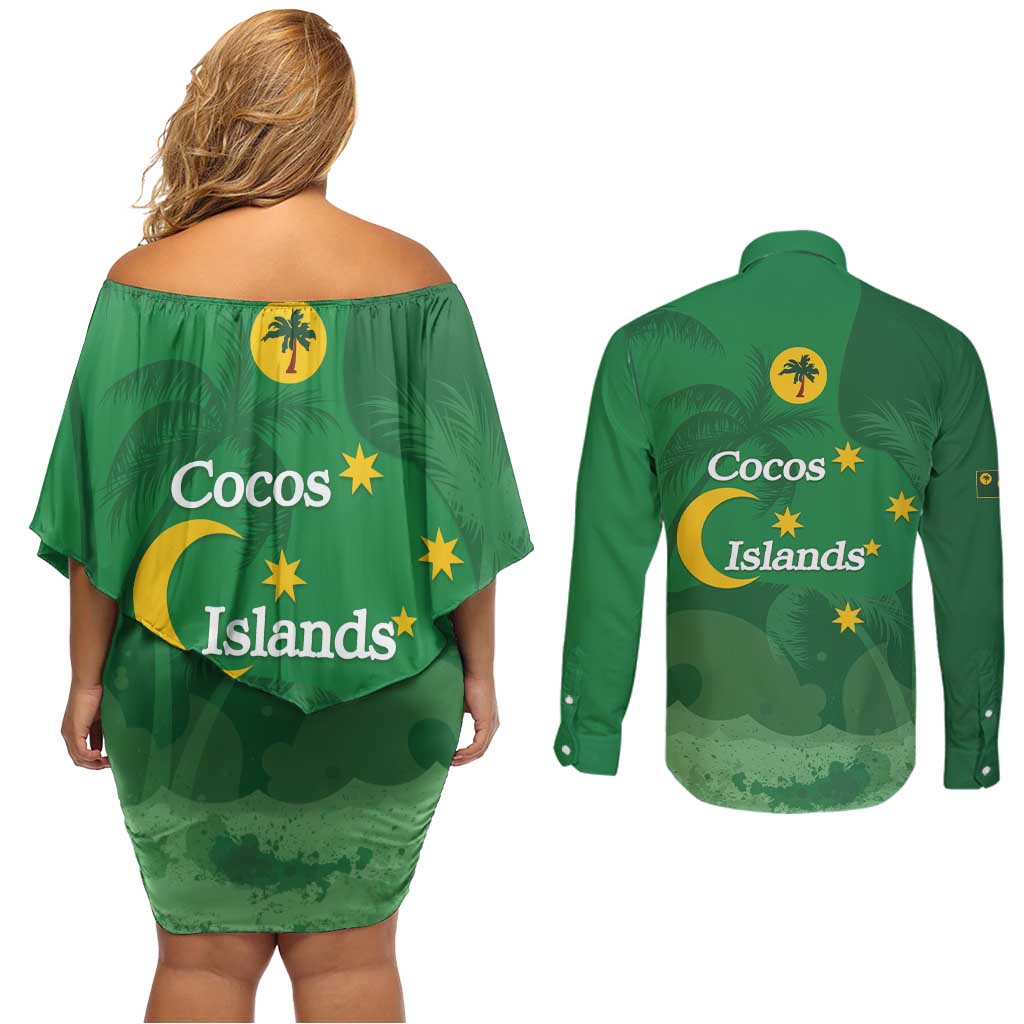 Australia Cocos Keeling Islands Couples Matching Off Shoulder Short Dress and Long Sleeve Button Shirt Southern Cross Palm Tree Pattern - Aussie Hoodie