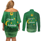 Australia Cocos Keeling Islands Couples Matching Off Shoulder Short Dress and Long Sleeve Button Shirt Southern Cross Palm Tree Pattern - Aussie Hoodie