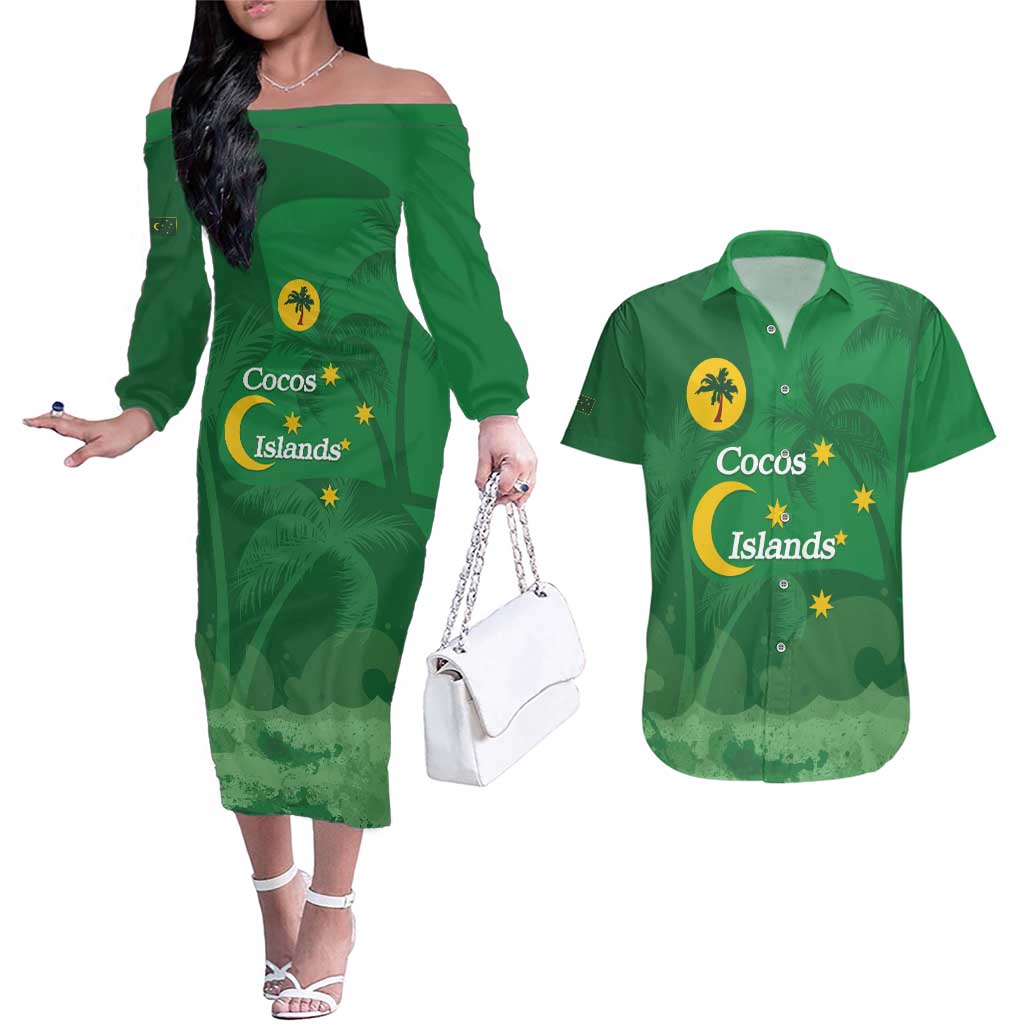 Australia Cocos Keeling Islands Couples Matching Off The Shoulder Long Sleeve Dress and Hawaiian Shirt Southern Cross Palm Tree Pattern - Aussie Hoodie