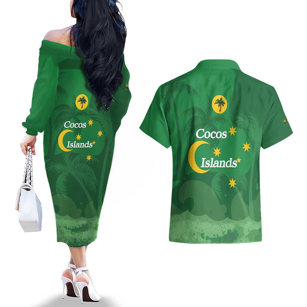 Australia Cocos Keeling Islands Couples Matching Off The Shoulder Long Sleeve Dress and Hawaiian Shirt Southern Cross Palm Tree Pattern - Aussie Hoodie