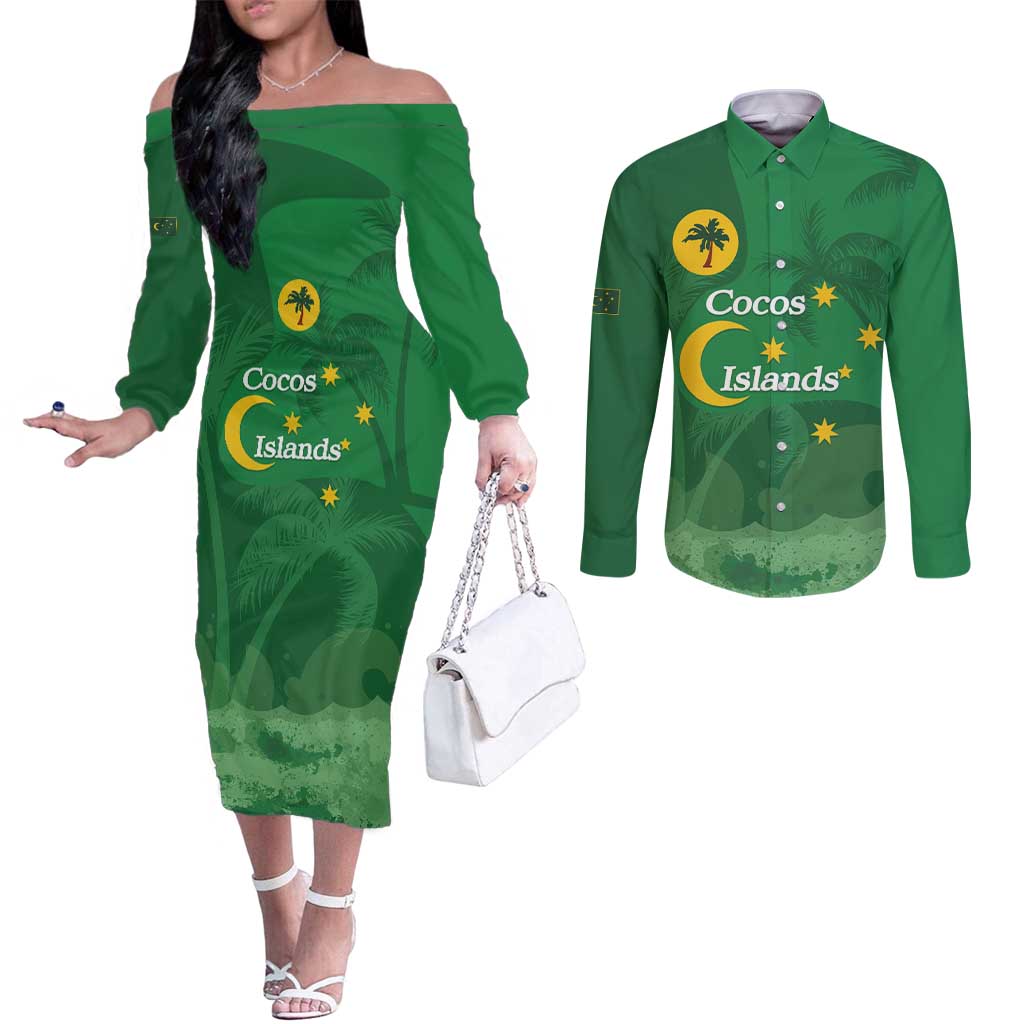 Australia Cocos Keeling Islands Couples Matching Off The Shoulder Long Sleeve Dress and Long Sleeve Button Shirt Southern Cross Palm Tree Pattern - Aussie Hoodie