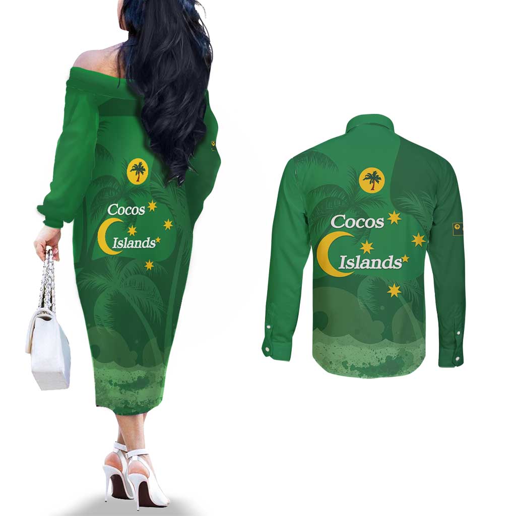 Australia Cocos Keeling Islands Couples Matching Off The Shoulder Long Sleeve Dress and Long Sleeve Button Shirt Southern Cross Palm Tree Pattern - Aussie Hoodie