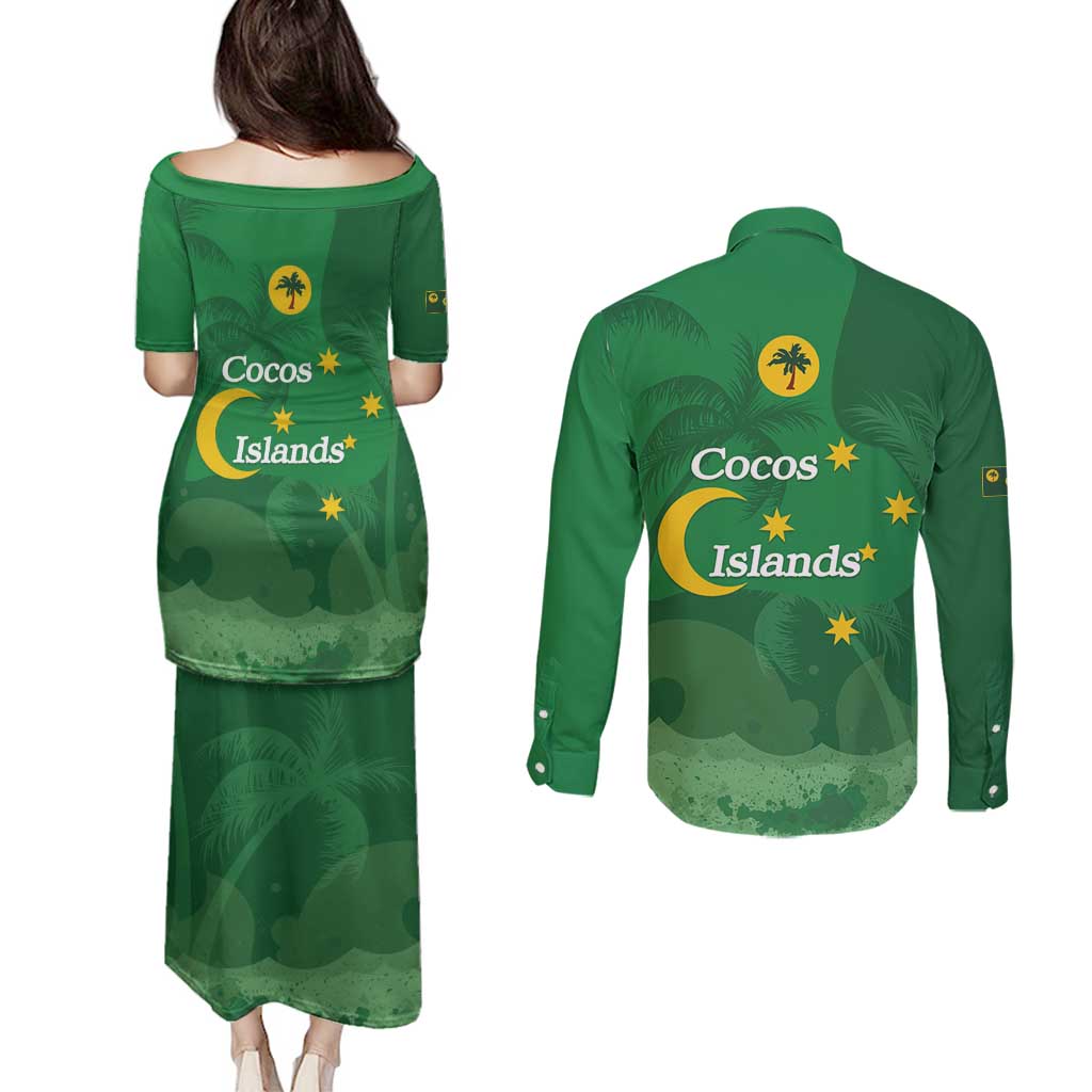 Australia Cocos Keeling Islands Couples Matching Puletasi and Long Sleeve Button Shirt Southern Cross Palm Tree Pattern - Aussie Hoodie
