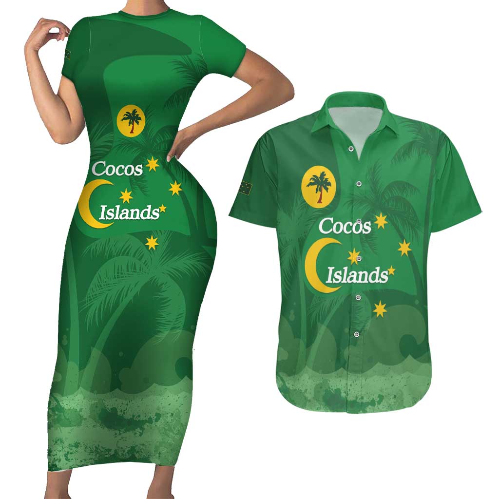 Australia Cocos Keeling Islands Couples Matching Short Sleeve Bodycon Dress and Hawaiian Shirt Southern Cross Palm Tree Pattern - Aussie Hoodie