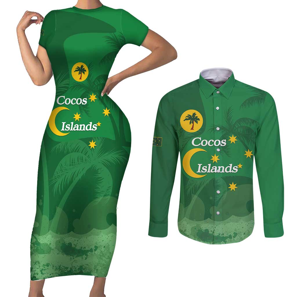 Australia Cocos Keeling Islands Couples Matching Short Sleeve Bodycon Dress and Long Sleeve Button Shirt Southern Cross Palm Tree Pattern - Aussie Hoodie