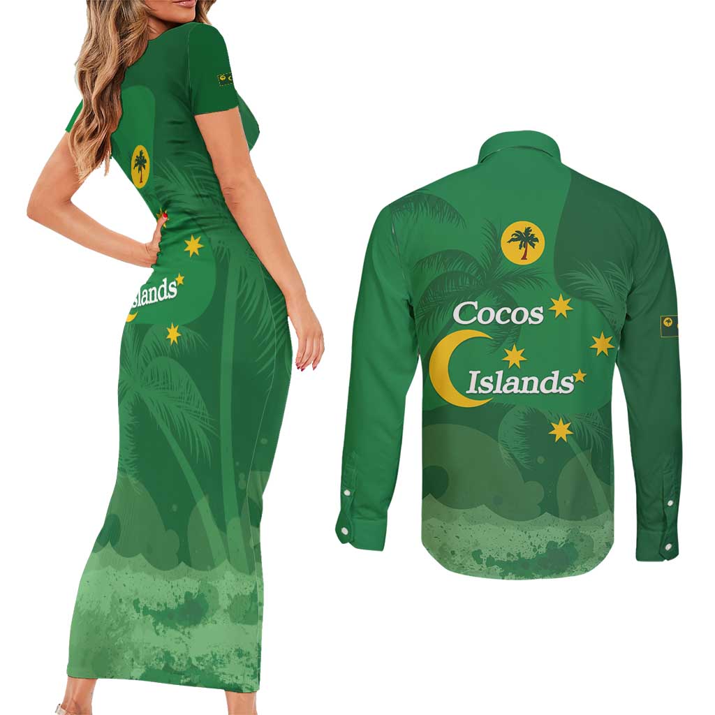 Australia Cocos Keeling Islands Couples Matching Short Sleeve Bodycon Dress and Long Sleeve Button Shirt Southern Cross Palm Tree Pattern - Aussie Hoodie