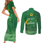 Australia Cocos Keeling Islands Couples Matching Short Sleeve Bodycon Dress and Long Sleeve Button Shirt Southern Cross Palm Tree Pattern - Aussie Hoodie
