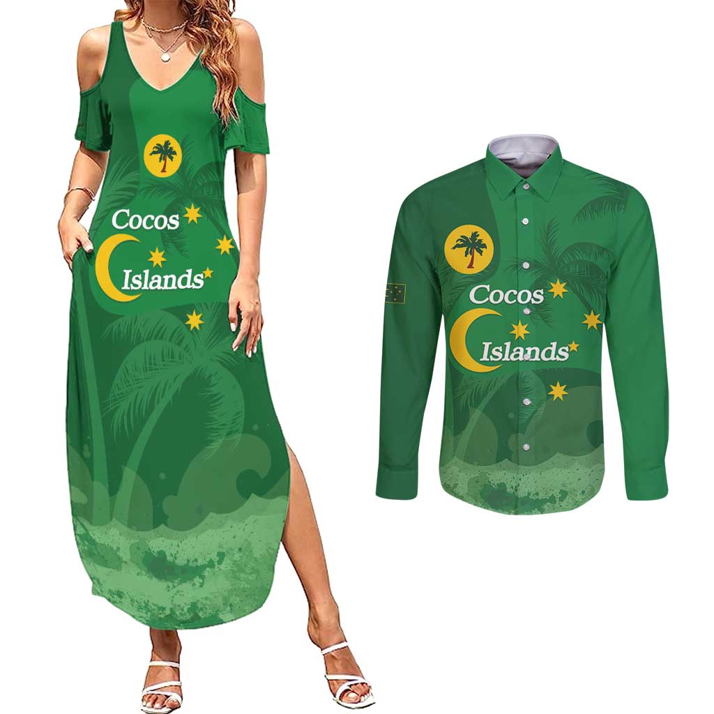 Australia Cocos Keeling Islands Couples Matching Summer Maxi Dress and Long Sleeve Button Shirt Southern Cross Palm Tree Pattern - Aussie Hoodie