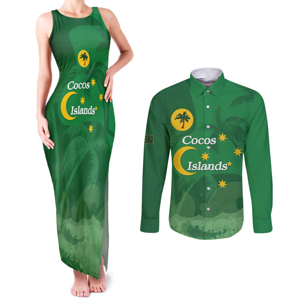 Australia Cocos Keeling Islands Couples Matching Tank Maxi Dress and Long Sleeve Button Shirt Southern Cross Palm Tree Pattern - Aussie Hoodie