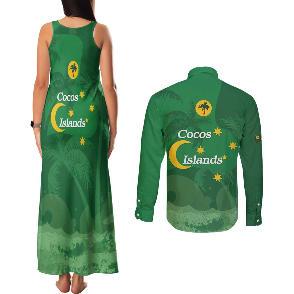 Australia Cocos Keeling Islands Couples Matching Tank Maxi Dress and Long Sleeve Button Shirt Southern Cross Palm Tree Pattern - Aussie Hoodie