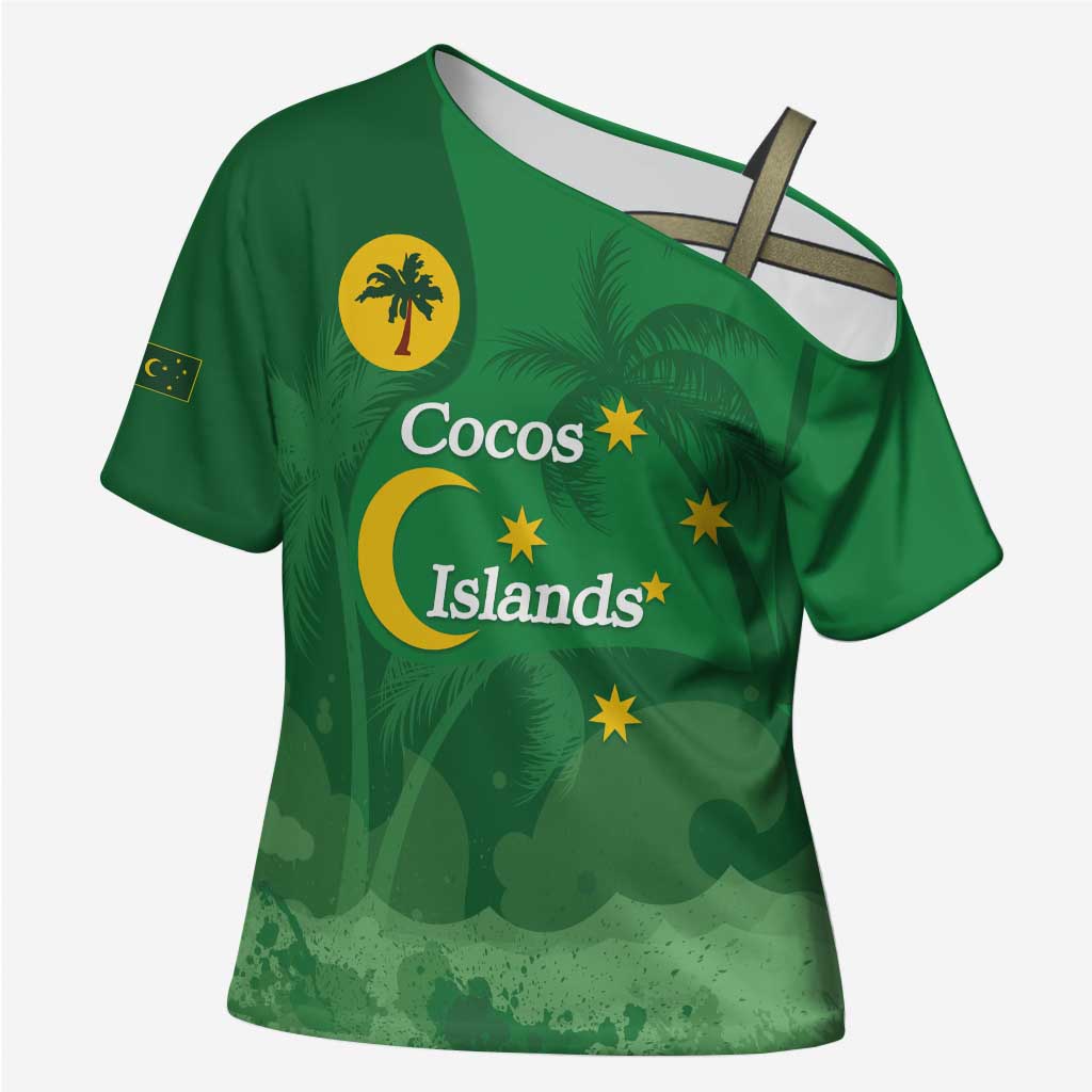 Australia Cocos Keeling Islands Cross Shoulder Shirt Southern Cross Palm Tree Pattern - Aussie Hoodie