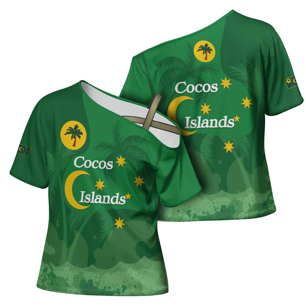 Australia Cocos Keeling Islands Cross Shoulder Shirt Southern Cross Palm Tree Pattern - Aussie Hoodie