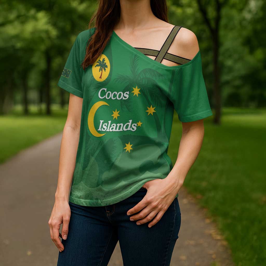 Australia Cocos Keeling Islands Cross Shoulder Shirt Southern Cross Palm Tree Pattern - Aussie Hoodie