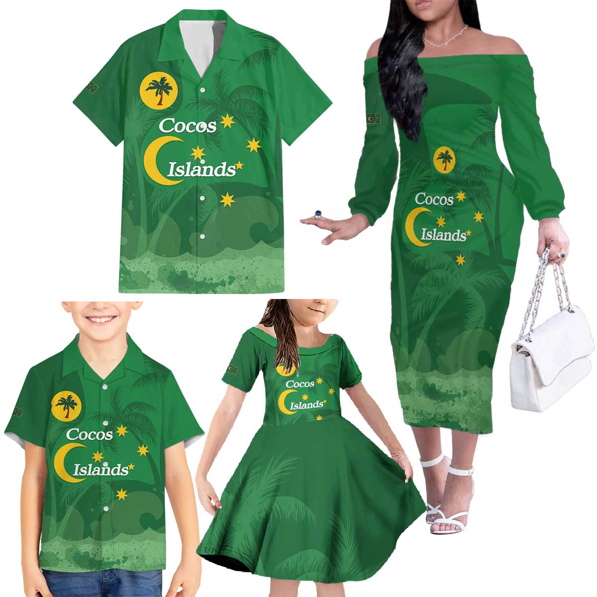 Australia Cocos Keeling Islands Family Matching Off The Shoulder Long Sleeve Dress and Hawaiian Shirt Southern Cross Palm Tree Pattern - Aussie Hoodie