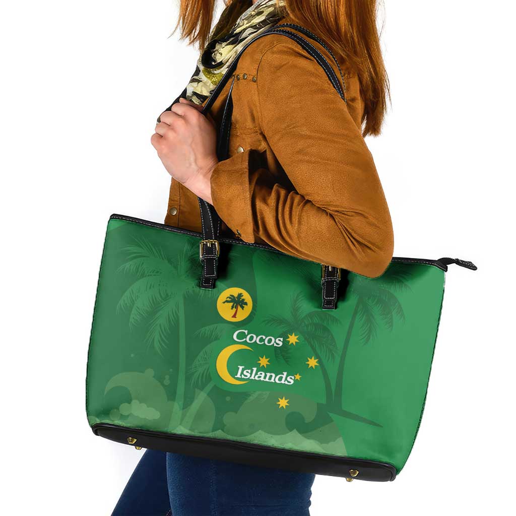 Australia Cocos Keeling Islands Leather Tote Bag Southern Cross Palm Tree Pattern - Aussie Hoodie