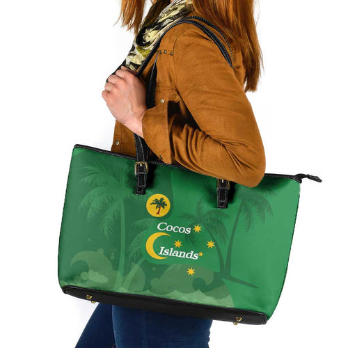 Australia Cocos Keeling Islands Leather Tote Bag Southern Cross Palm Tree Pattern - Aussie Hoodie