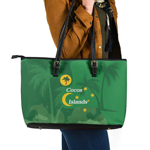 Australia Cocos Keeling Islands Leather Tote Bag Southern Cross Palm Tree Pattern - Aussie Hoodie