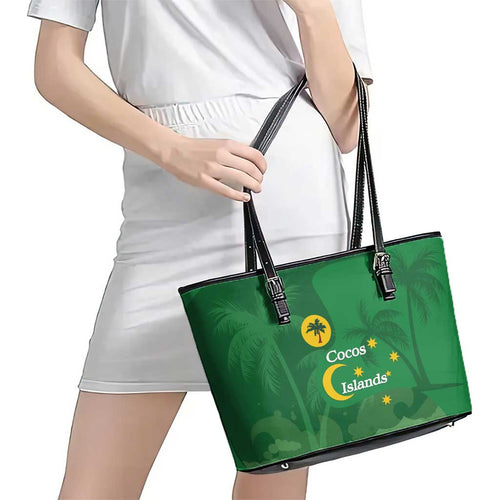 Australia Cocos Keeling Islands Leather Tote Bag Southern Cross Palm Tree Pattern - Aussie Hoodie