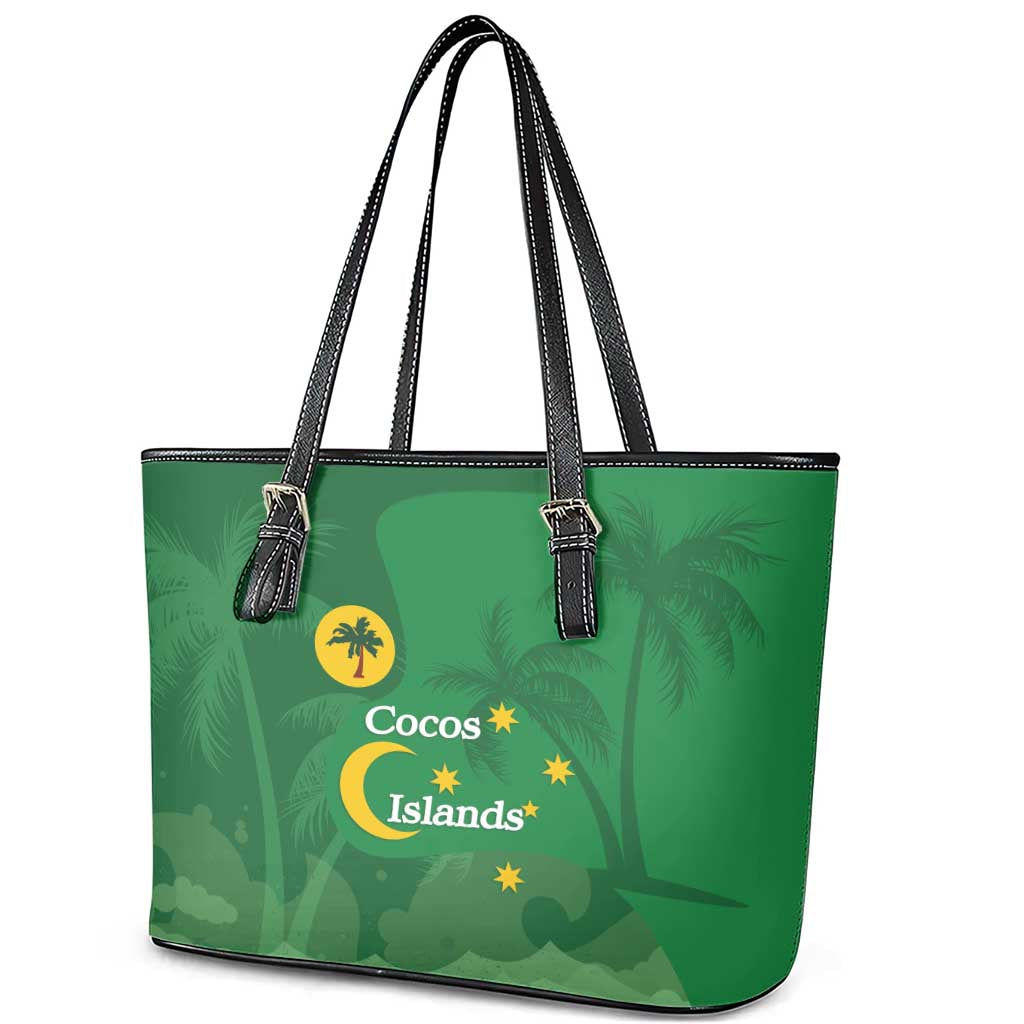Australia Cocos Keeling Islands Leather Tote Bag Southern Cross Palm Tree Pattern - Aussie Hoodie