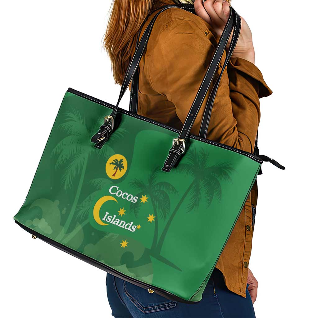 Australia Cocos Keeling Islands Leather Tote Bag Southern Cross Palm Tree Pattern - Aussie Hoodie