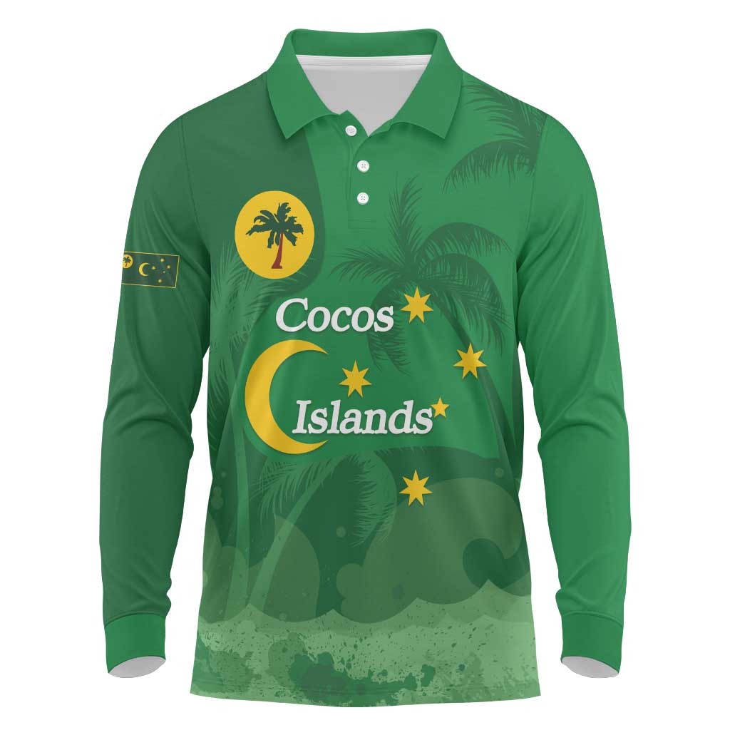 Australia Cocos Keeling Islands Long Sleeve Polo Shirt Southern Cross Palm Tree Pattern - Aussie Hoodie