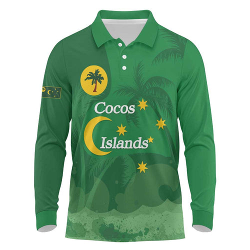 Australia Cocos Keeling Islands Long Sleeve Polo Shirt Southern Cross Palm Tree Pattern - Aussie Hoodie