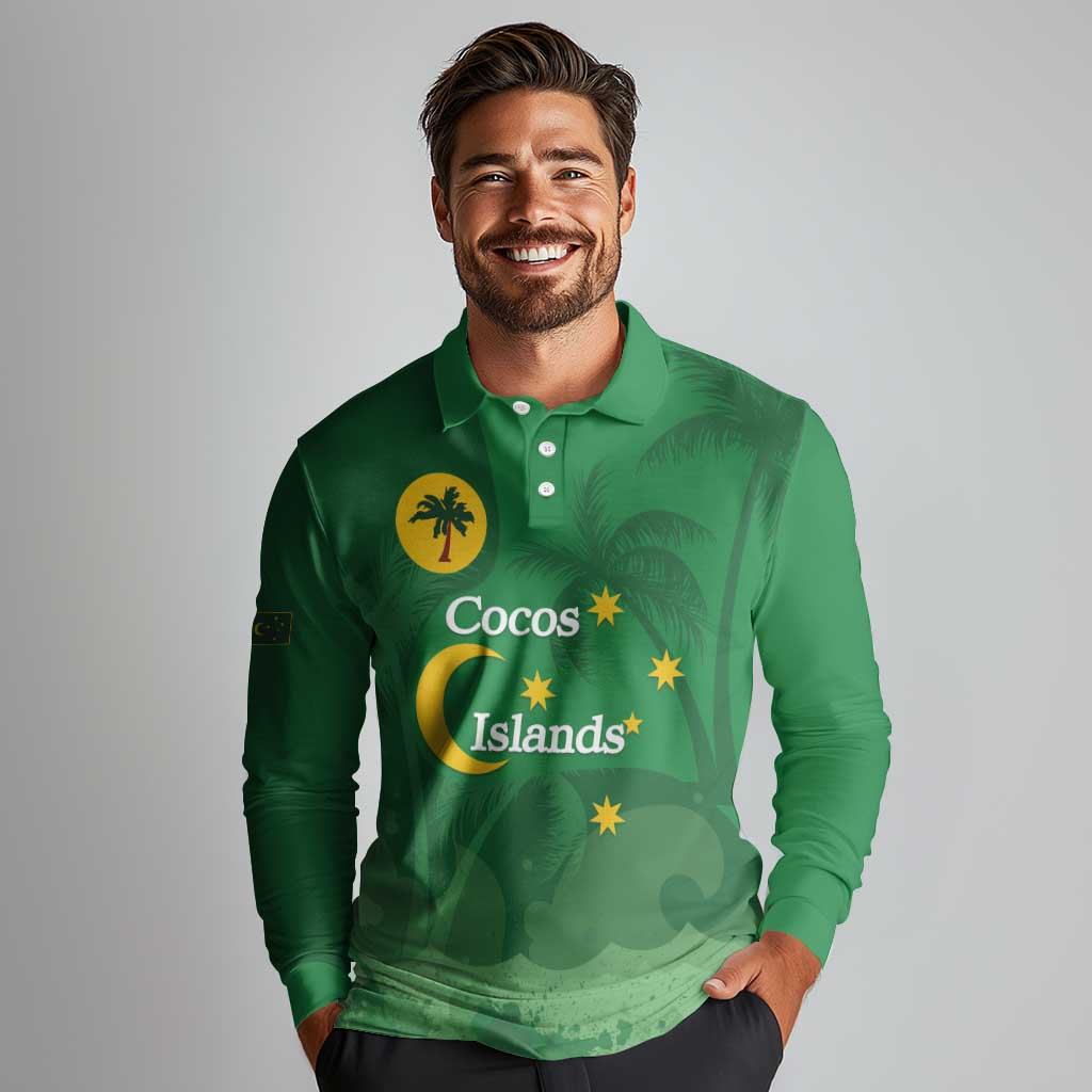 Australia Cocos Keeling Islands Long Sleeve Polo Shirt Southern Cross Palm Tree Pattern - Aussie Hoodie
