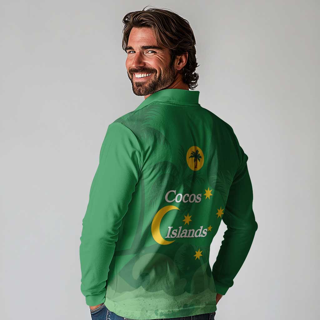 Australia Cocos Keeling Islands Long Sleeve Polo Shirt Southern Cross Palm Tree Pattern - Aussie Hoodie