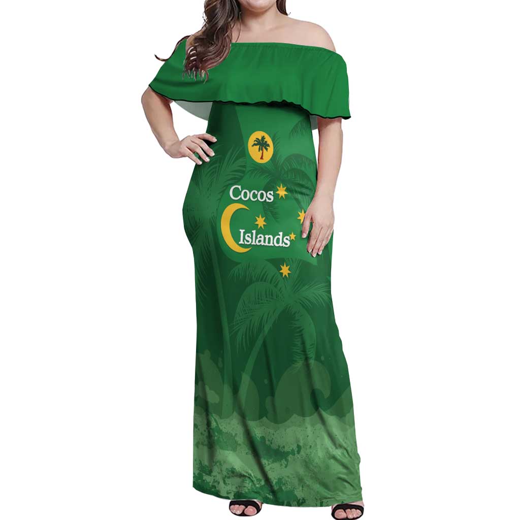 Australia Cocos Keeling Islands Off Shoulder Maxi Dress Southern Cross Palm Tree Pattern - Aussie Hoodie